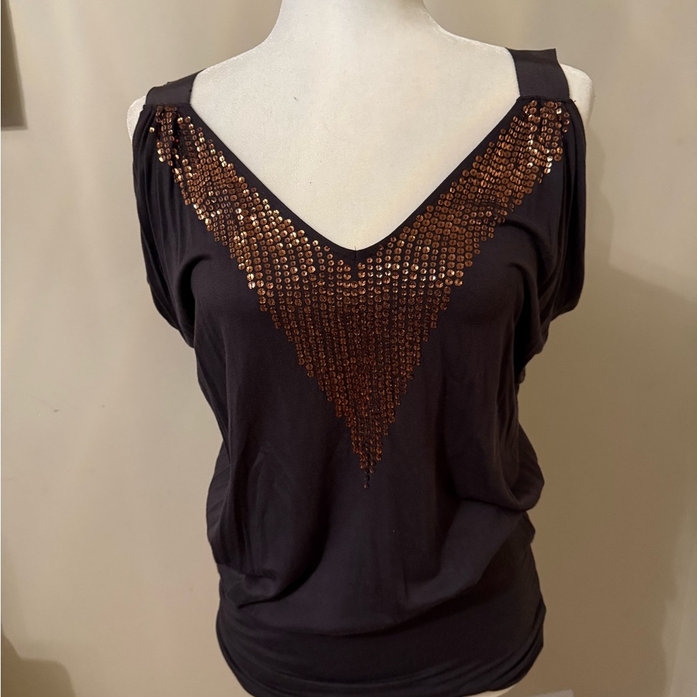 Express Slate Gray cold shoulder Top with Bronze Sequin Detail